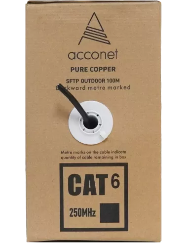 Acconet CAT6 UV Outdoor Ethernet Cable 100m Black Solid Core SF/TP Pull Box | CAT6U-100-SC